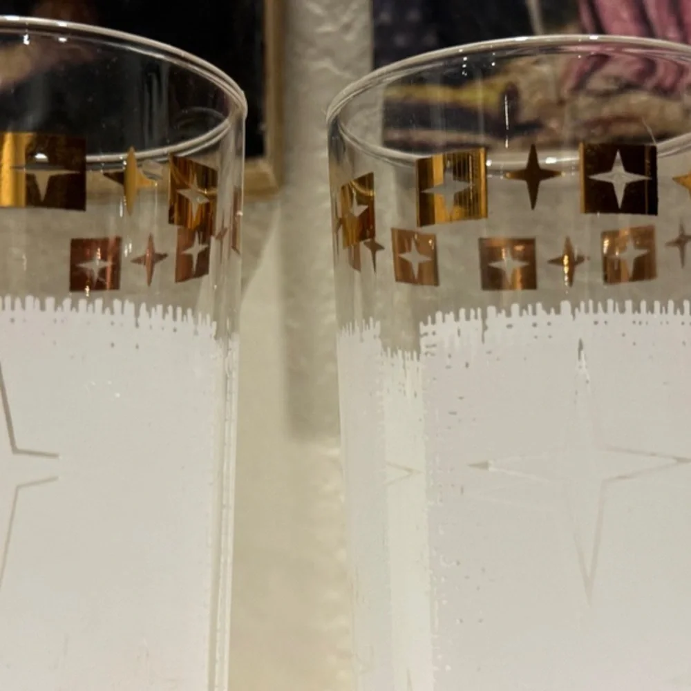 Mid‎ Century Modern White & Gold Atomic Cosmic Starburst Glass Drink Tumblers